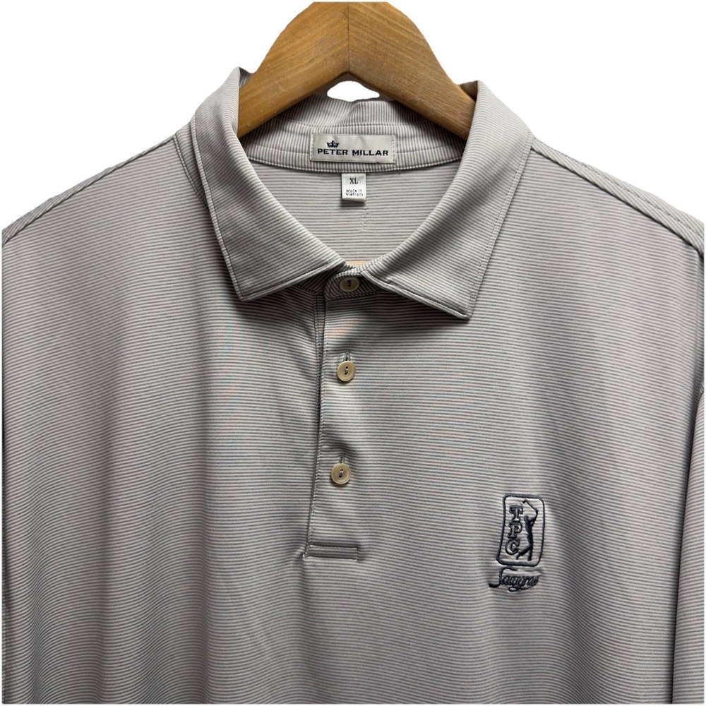 Peter Millar Men's Size XL White/Gray Striped TPC Sawgrass Performance Golf Polo
